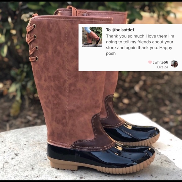 Vegan Leather tan and Black Tall Duck Rain Boots - Picture 3 of 8